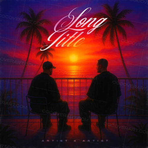 A cinematic premade album cover with two figures overlooking a sunset beach—great for storytelling, West Coast rap, or Latin vibes.