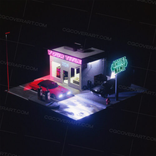 A cinematic nighttime gas station scene lit with neon signs and moody lighting. Perfect for rap, trap, or alternative artists looking to tell a late-night story. Comes with customizable signage for song title and artist name.