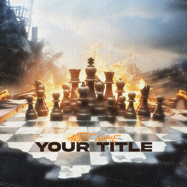 A bold, cinematic concept featuring chess pieces caught in a fiery battlefield. Perfect for artists delivering strategic bars, street anthems, or storytelling with power moves.