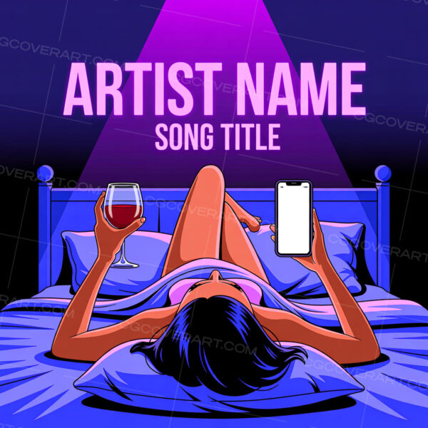 A bold, neon-lit illustration of a woman lounging in bed with wine and a phone—capturing late-night vibes, hookups, or moody solo moments. Ideal for sensual R&B, modern trap, or nightlife-themed songs.