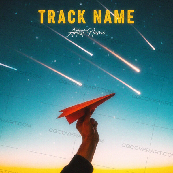 A dreamy sunset sky with a paper plane and meteor streaks, capturing nostalgia, ambition, and reflection. Perfect for heartfelt lyrics, dreamer vibes, or coming-of-age tracks.