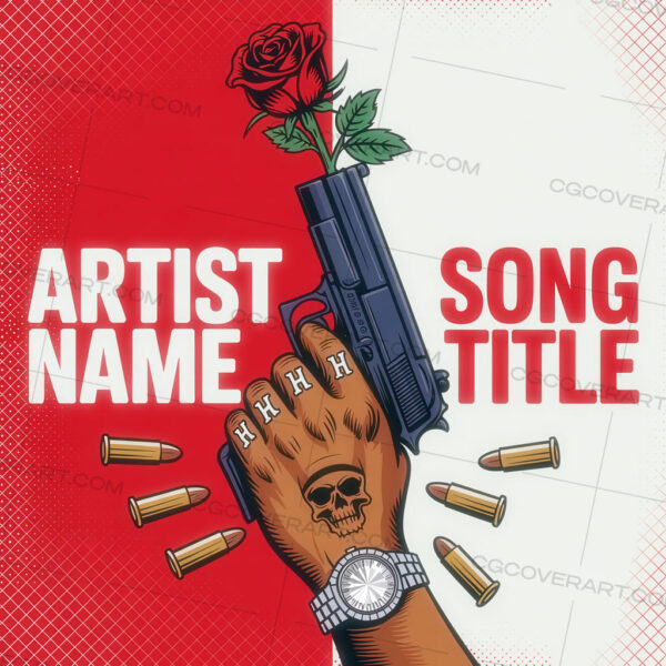 A gritty yet poetic concept blending love and violence—a gun holding a rose, surrounded by bullets. Great for street love stories, heartbreak mixed with hustle, or raw emotional tracks.