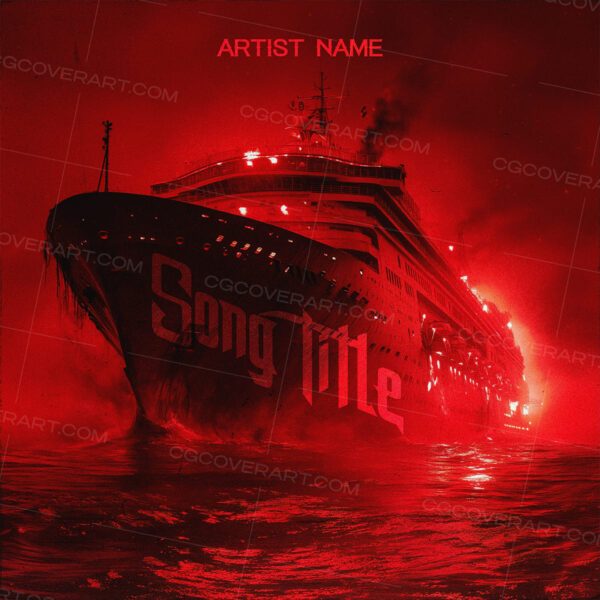 High-impact album cover art featuring a massive burning cruise ship in a dark red ocean scene. Perfect for rap, hip-hop, drill, trap, or rock tracks looking for intense and cinematic visuals. Fully customizable with your artist name and song title. Delivered in high-resolution, ready for Spotify, Apple Music, and all major streaming platforms.